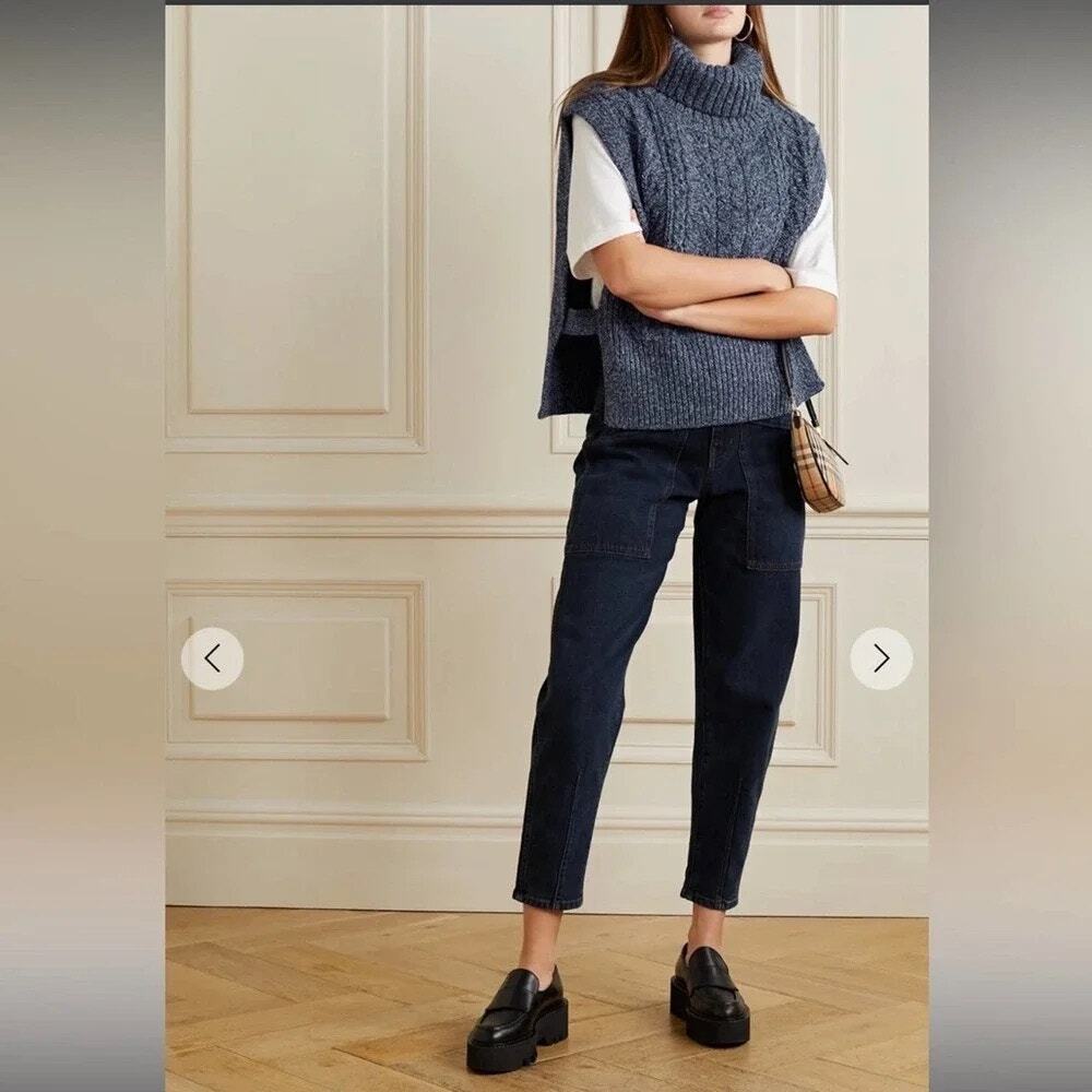 Veronica Beard Collina Sweater Vest Blue Cable Knit Wool Silk Turtleneck M/L